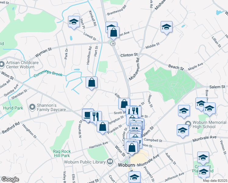 map of restaurants, bars, coffee shops, grocery stores, and more near 8 Kilby Drive in Woburn