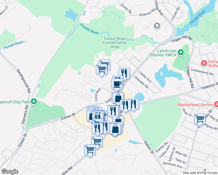 map of restaurants, bars, coffee shops, grocery stores, and more near 6 Loring Hills Avenue in Salem