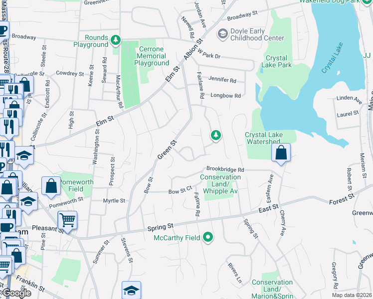 map of restaurants, bars, coffee shops, grocery stores, and more near 6 Ryan Circle in Stoneham