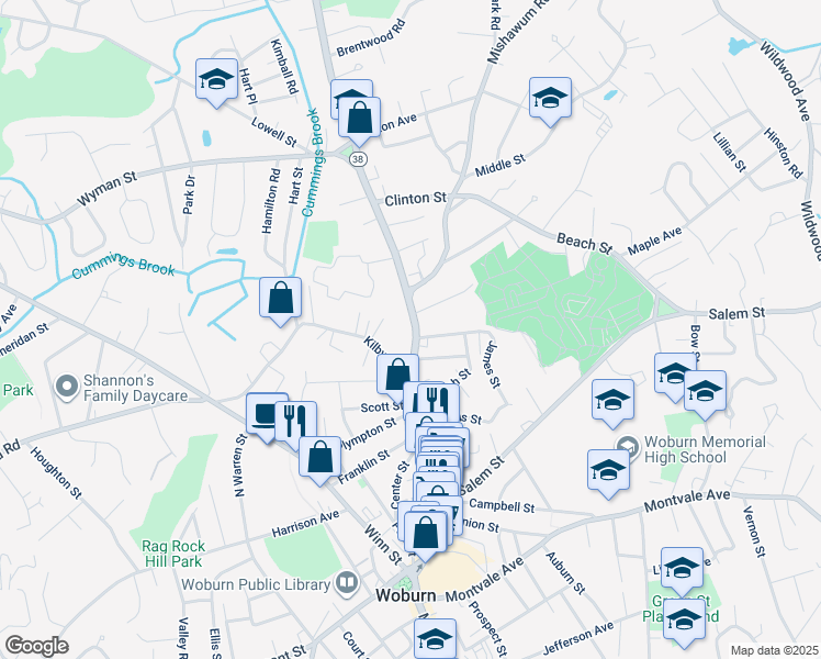 map of restaurants, bars, coffee shops, grocery stores, and more near 604 Main Street in Woburn