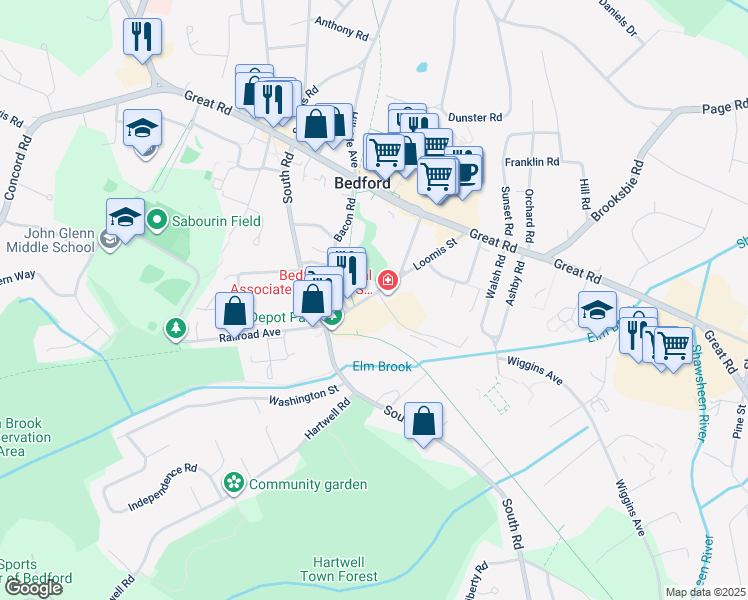 map of restaurants, bars, coffee shops, grocery stores, and more near 51 Loomis Street in Bedford