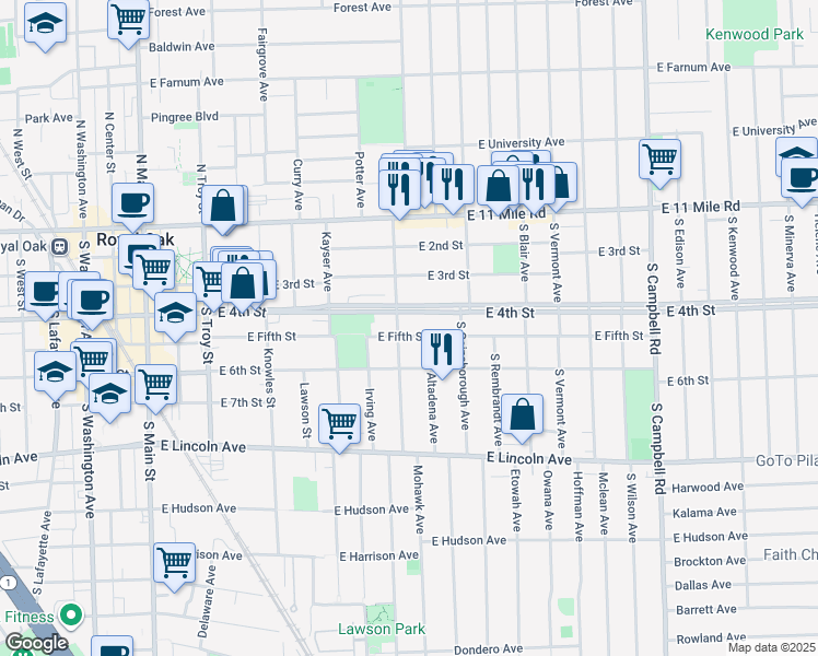 map of restaurants, bars, coffee shops, grocery stores, and more near 827 East 4th Street in Royal Oak