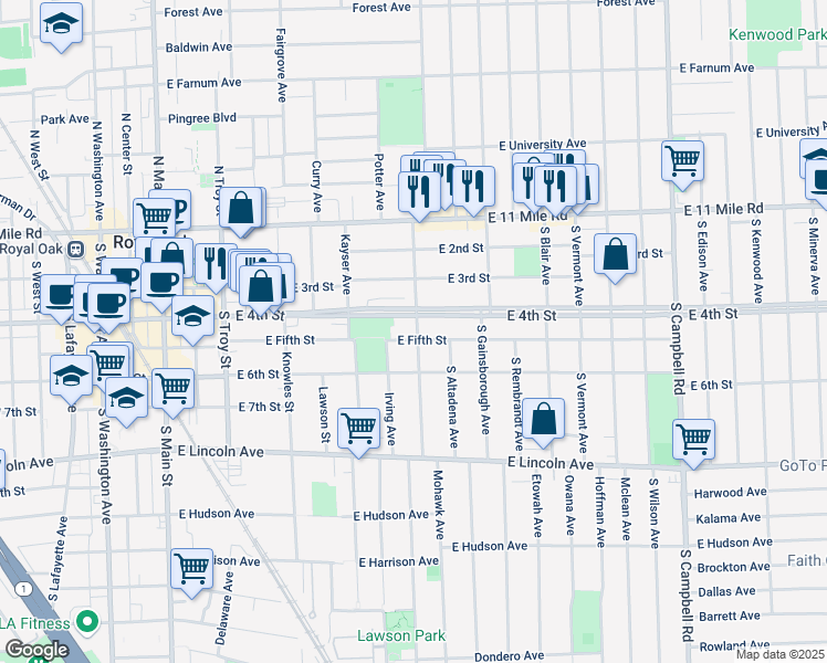 map of restaurants, bars, coffee shops, grocery stores, and more near 827 East 4th Street in Royal Oak