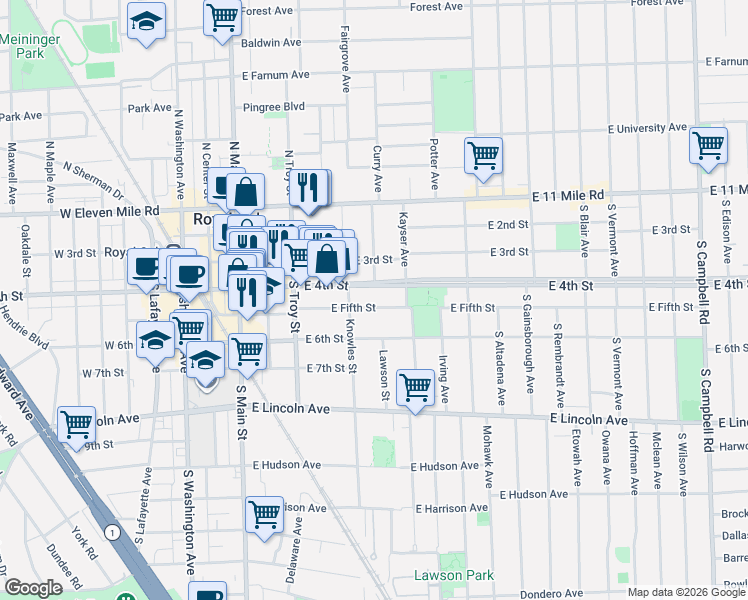 map of restaurants, bars, coffee shops, grocery stores, and more near 525 East 4th Street in Royal Oak