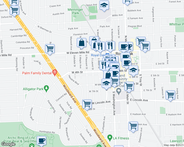 map of restaurants, bars, coffee shops, grocery stores, and more near 325 South Pleasant Street in Royal Oak