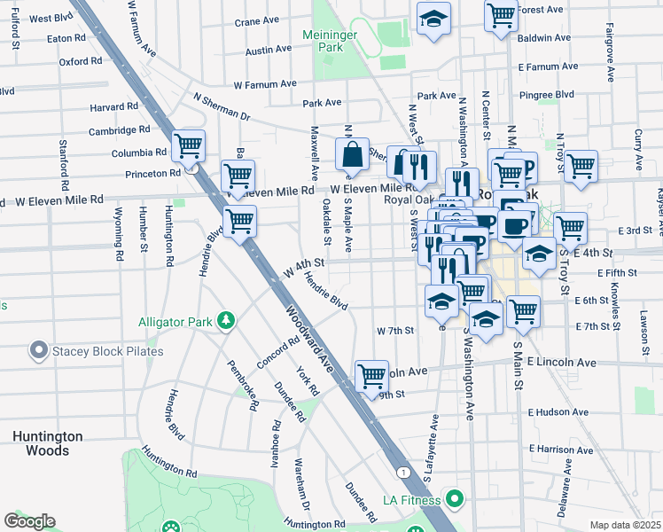 map of restaurants, bars, coffee shops, grocery stores, and more near 324 South Maple Avenue in Royal Oak