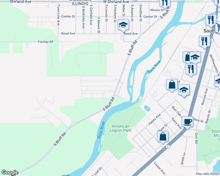 map of restaurants, bars, coffee shops, grocery stores, and more near 616-652 South Bluff Road in South Beloit