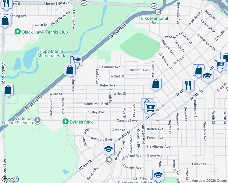 map of restaurants, bars, coffee shops, grocery stores, and more near 425 Reber Ave in Waterloo