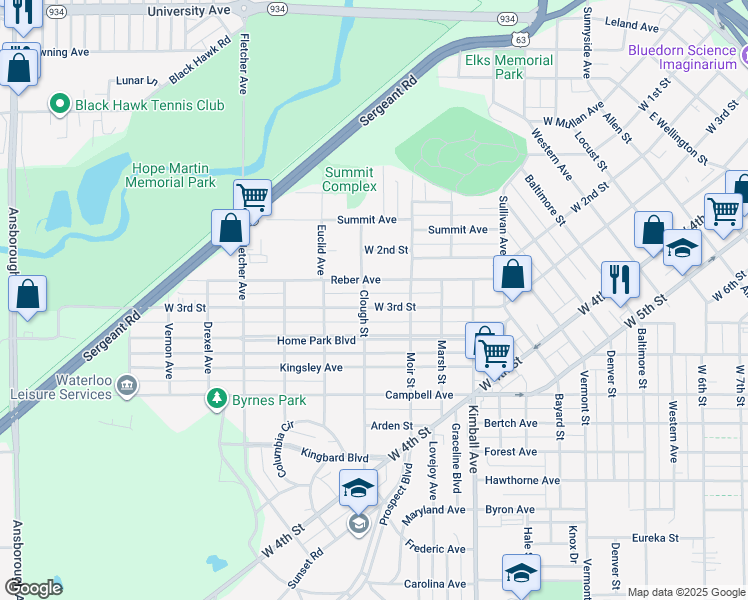 map of restaurants, bars, coffee shops, grocery stores, and more near 425 Reber Ave in Waterloo