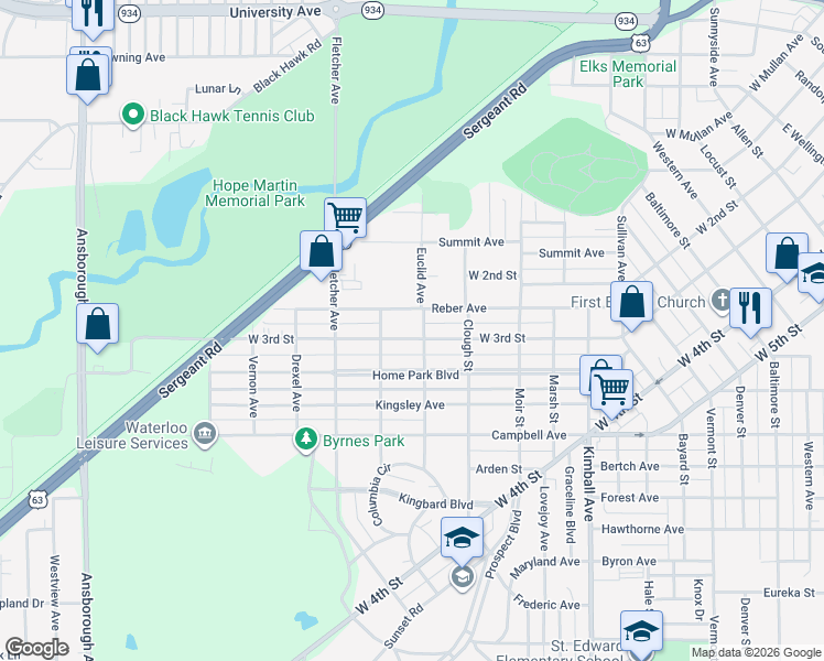map of restaurants, bars, coffee shops, grocery stores, and more near 607 Reber Avenue in Waterloo