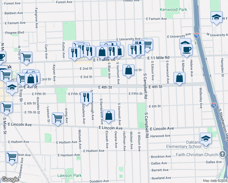 map of restaurants, bars, coffee shops, grocery stores, and more near 1313 East 4th Street in Royal Oak