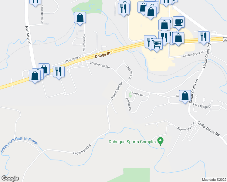 map of restaurants, bars, coffee shops, grocery stores, and more near 13063 English Mill Road in Dubuque