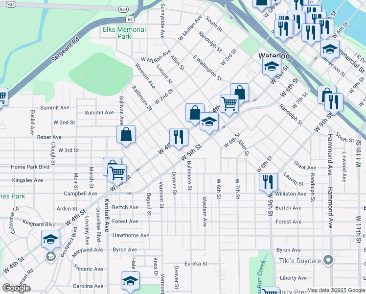 map of restaurants, bars, coffee shops, grocery stores, and more near 519 Baltimore Street in Waterloo