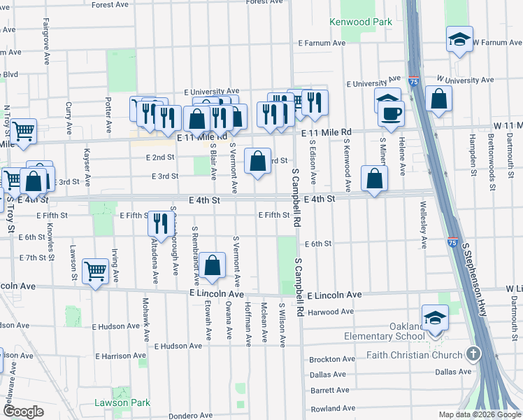 map of restaurants, bars, coffee shops, grocery stores, and more near 1427 East 4th Street in Royal Oak