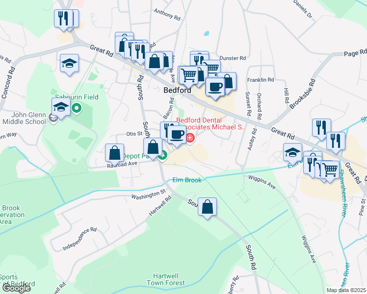 map of restaurants, bars, coffee shops, grocery stores, and more near 54 Loomis Street in Bedford
