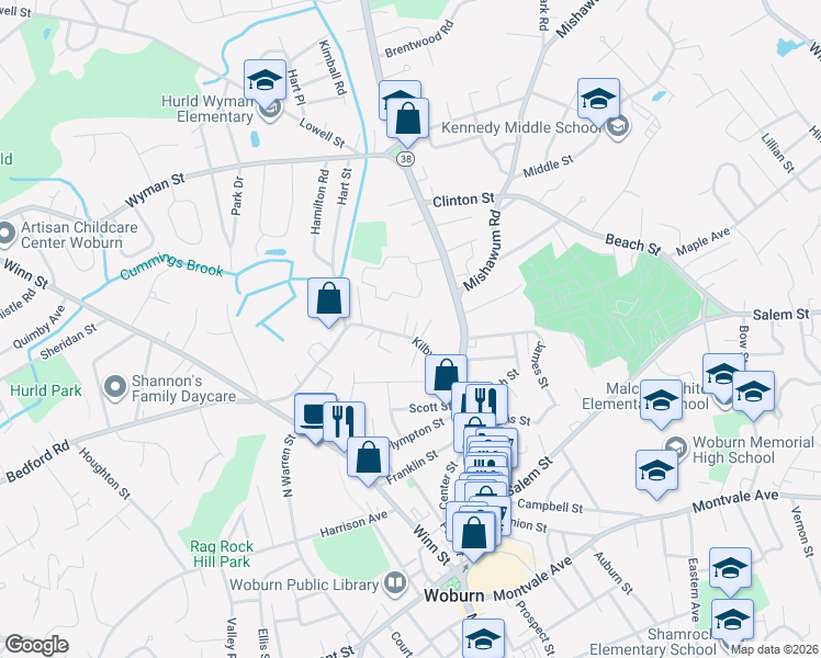 map of restaurants, bars, coffee shops, grocery stores, and more near 8 Kilby Drive in Woburn