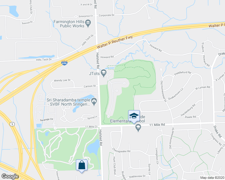 map of restaurants, bars, coffee shops, grocery stores, and more near 26149 Valhalla Drive in Farmington Hills
