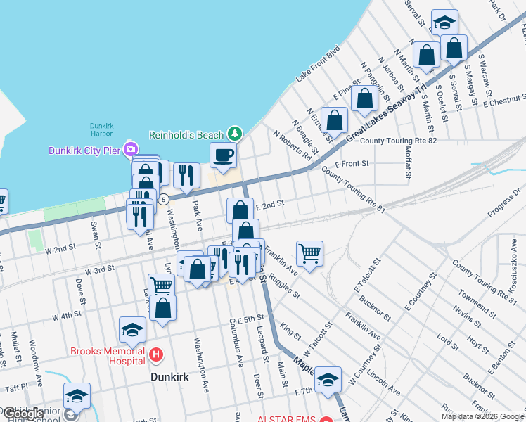 map of restaurants, bars, coffee shops, grocery stores, and more near 207 South Zebra Street in Dunkirk
