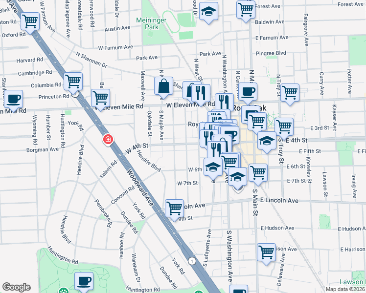 map of restaurants, bars, coffee shops, grocery stores, and more near 607 West 4th Street in Royal Oak