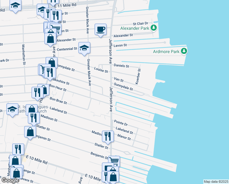 map of restaurants, bars, coffee shops, grocery stores, and more near 22411 Wildwood Street in St. Clair Shores
