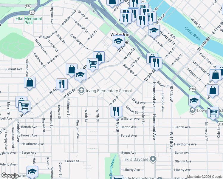 map of restaurants, bars, coffee shops, grocery stores, and more near 930 West 7th Street in Waterloo