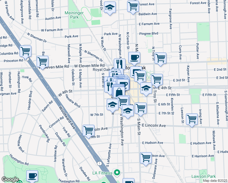 map of restaurants, bars, coffee shops, grocery stores, and more near 400 West 4th Street in Royal Oak
