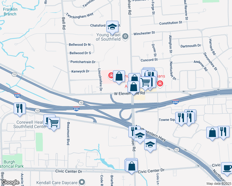 map of restaurants, bars, coffee shops, grocery stores, and more near in Southfield