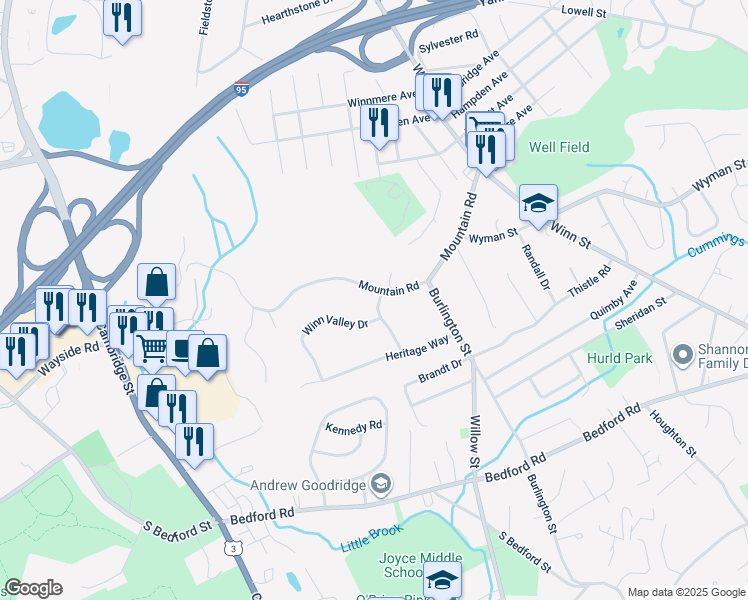 map of restaurants, bars, coffee shops, grocery stores, and more near 38 Mountain Road in Burlington