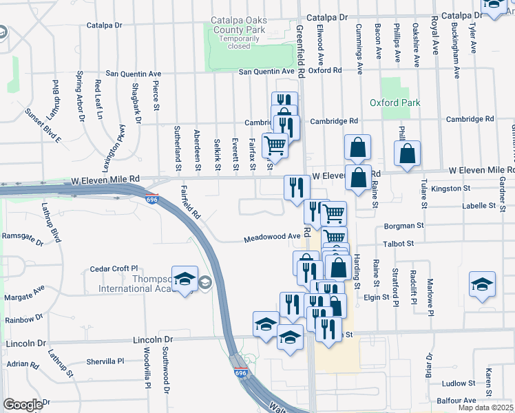 map of restaurants, bars, coffee shops, grocery stores, and more near 15929 West Eleven Mile Road in Southfield