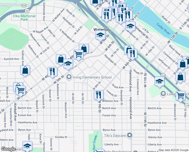 map of restaurants, bars, coffee shops, grocery stores, and more near 930 West 7th Street in Waterloo