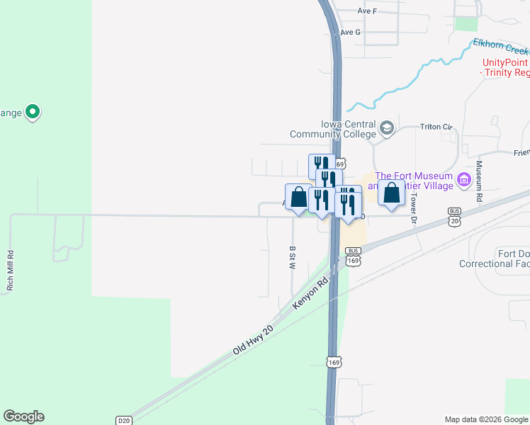 map of restaurants, bars, coffee shops, grocery stores, and more near 1400 D Street West in Fort Dodge
