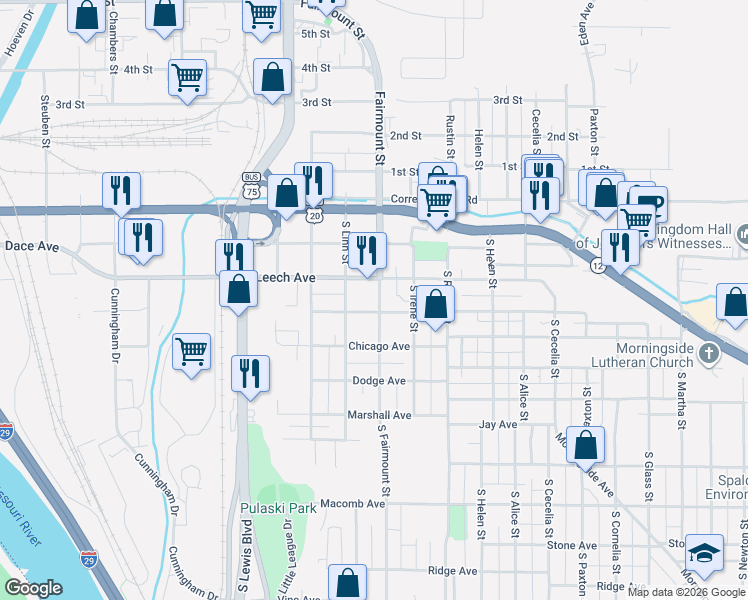 map of restaurants, bars, coffee shops, grocery stores, and more near 401 South Fairmount Street in Sioux City
