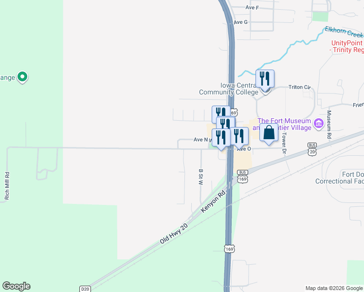 map of restaurants, bars, coffee shops, grocery stores, and more near 1400 D Street West in Fort Dodge