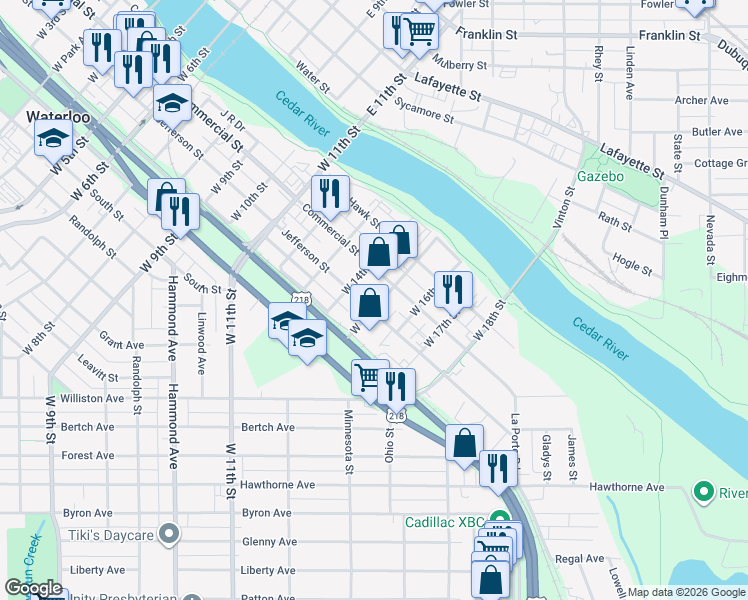 map of restaurants, bars, coffee shops, grocery stores, and more near 1609 Jefferson Street in Waterloo