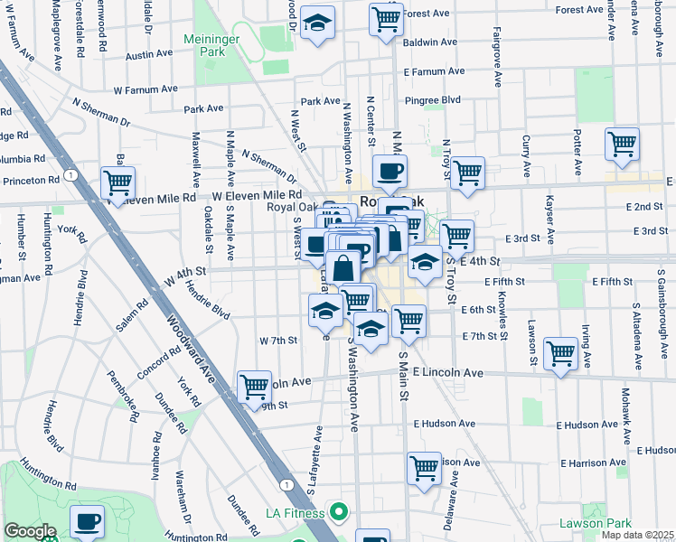 map of restaurants, bars, coffee shops, grocery stores, and more near 319 South Washington Avenue in Royal Oak