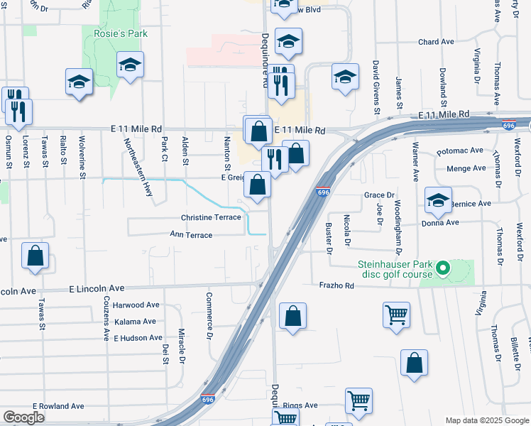 map of restaurants, bars, coffee shops, grocery stores, and more near 26131 Dequindre Road in Madison Heights