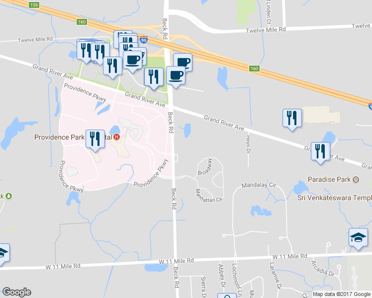 map of restaurants, bars, coffee shops, grocery stores, and more near 26870 Beck Road in Novi