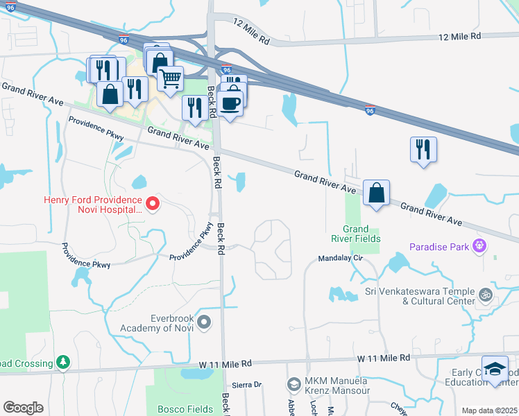 map of restaurants, bars, coffee shops, grocery stores, and more near 26870 Beck Road in Novi