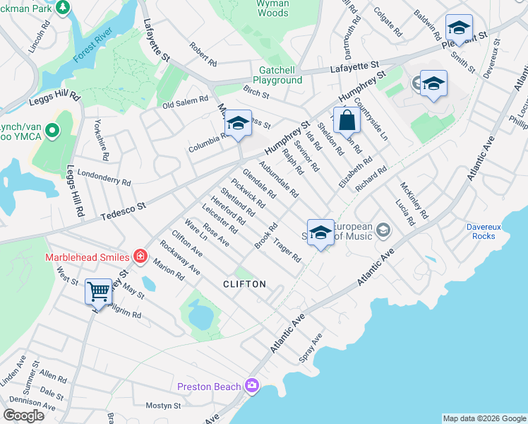 map of restaurants, bars, coffee shops, grocery stores, and more near 33 Glendale Road in Marblehead
