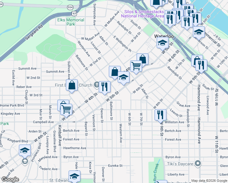 map of restaurants, bars, coffee shops, grocery stores, and more near 1120 West 5th Street in Waterloo