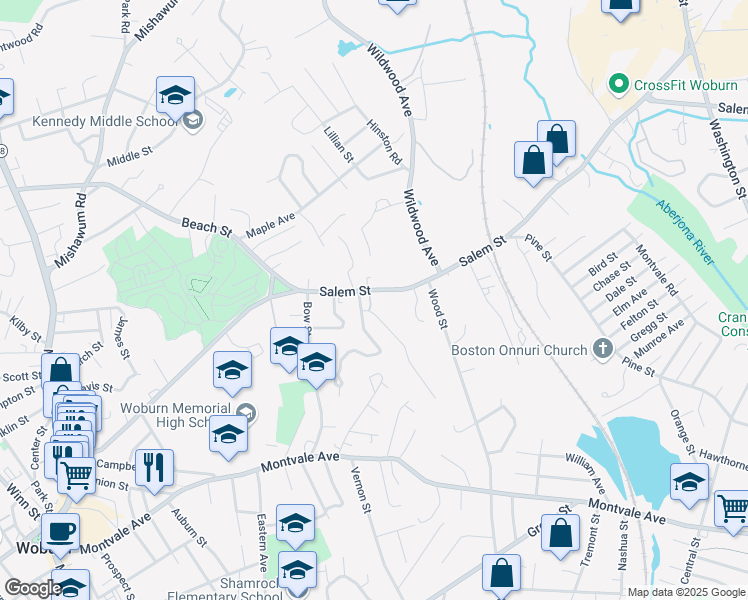 map of restaurants, bars, coffee shops, grocery stores, and more near 186 Salem Street in Woburn