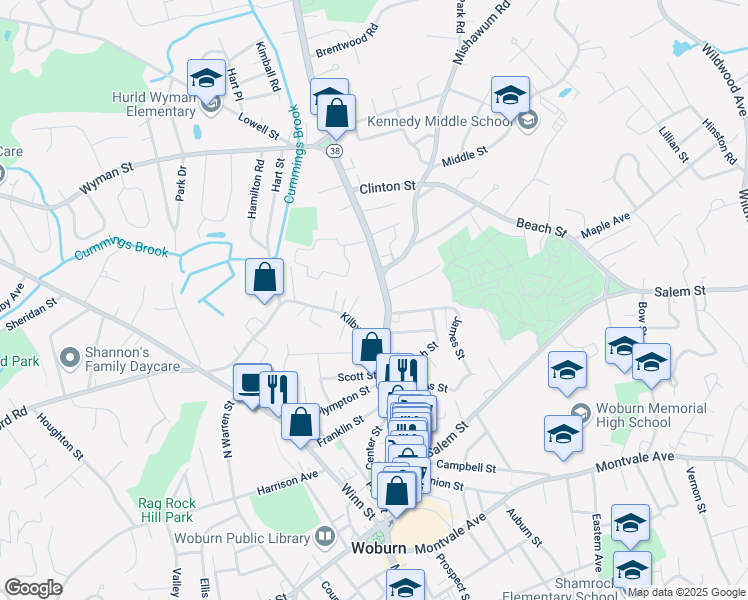 map of restaurants, bars, coffee shops, grocery stores, and more near 604 Main Street in Woburn
