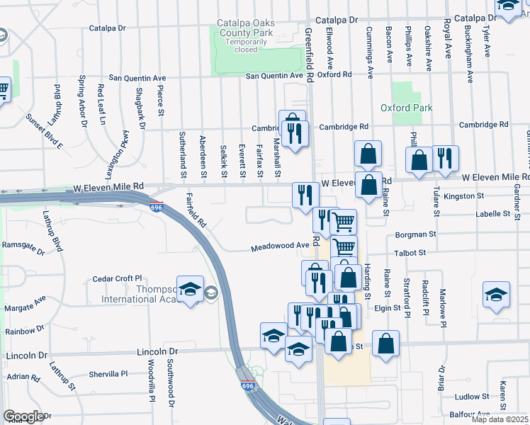 map of restaurants, bars, coffee shops, grocery stores, and more near 15929 West Eleven Mile Road in Southfield