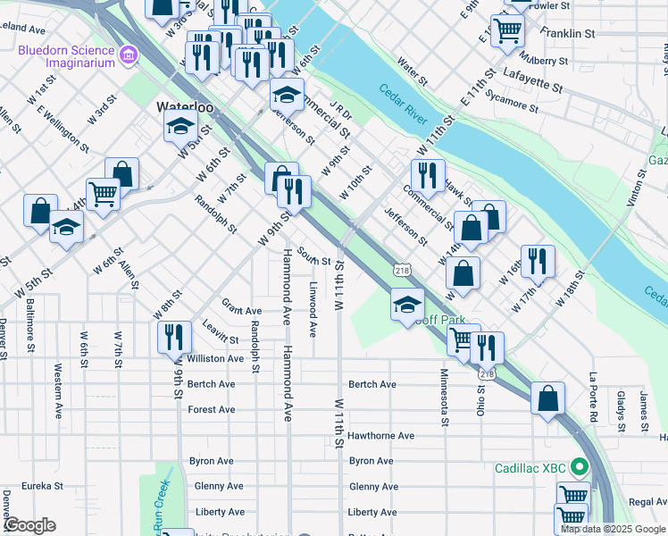 map of restaurants, bars, coffee shops, grocery stores, and more near 600 West 11th Street in Waterloo