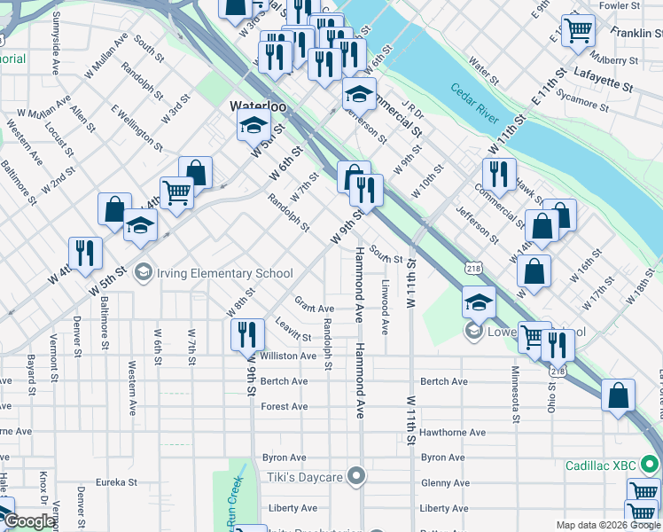 map of restaurants, bars, coffee shops, grocery stores, and more near 119 Hammond Court in Waterloo