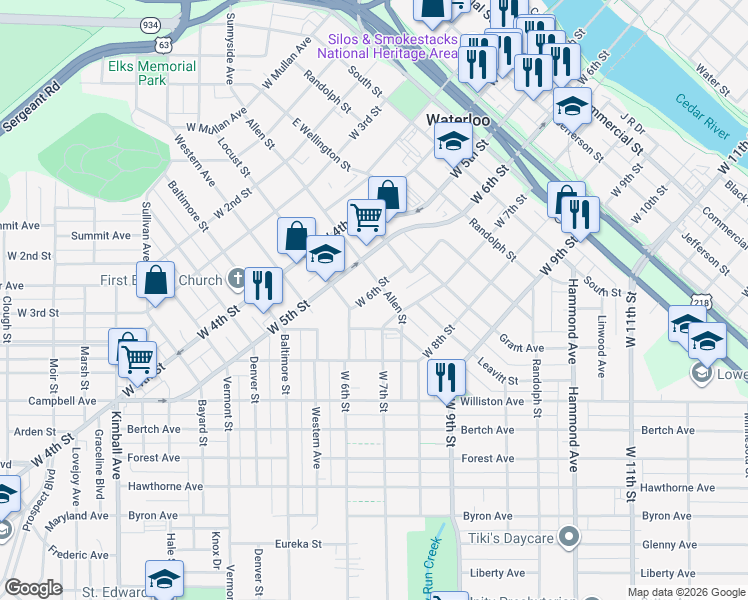 map of restaurants, bars, coffee shops, grocery stores, and more near 726 Allen Street in Waterloo
