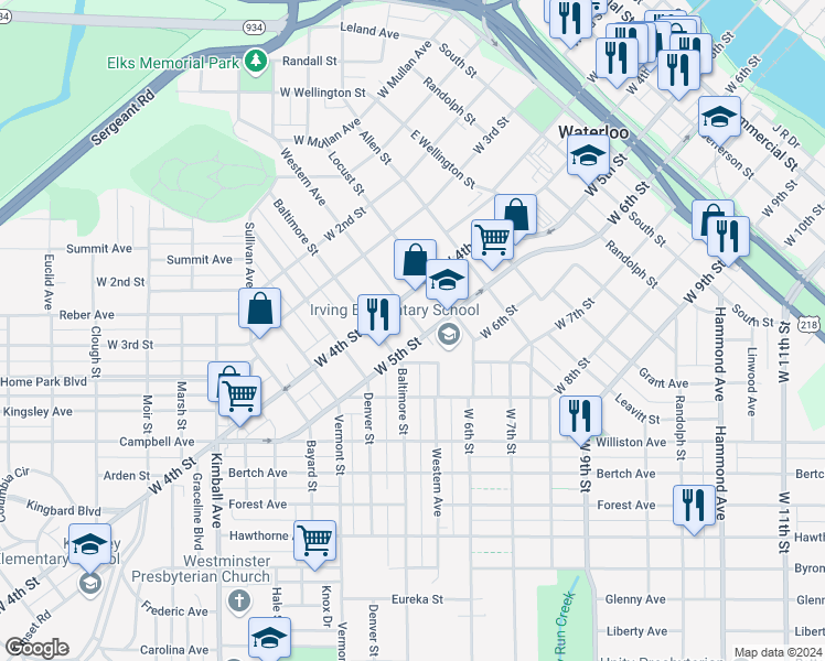 map of restaurants, bars, coffee shops, grocery stores, and more near 1120 West 5th Street in Waterloo