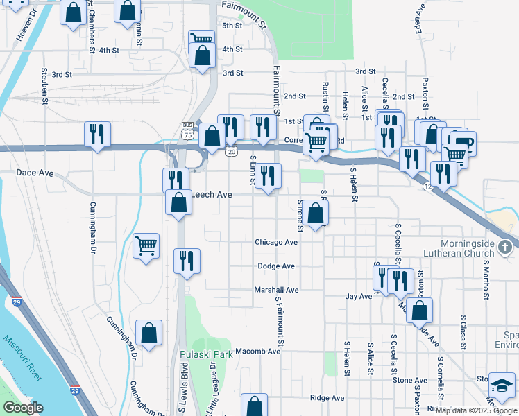 map of restaurants, bars, coffee shops, grocery stores, and more near 401 South Fairmount Street in Sioux City