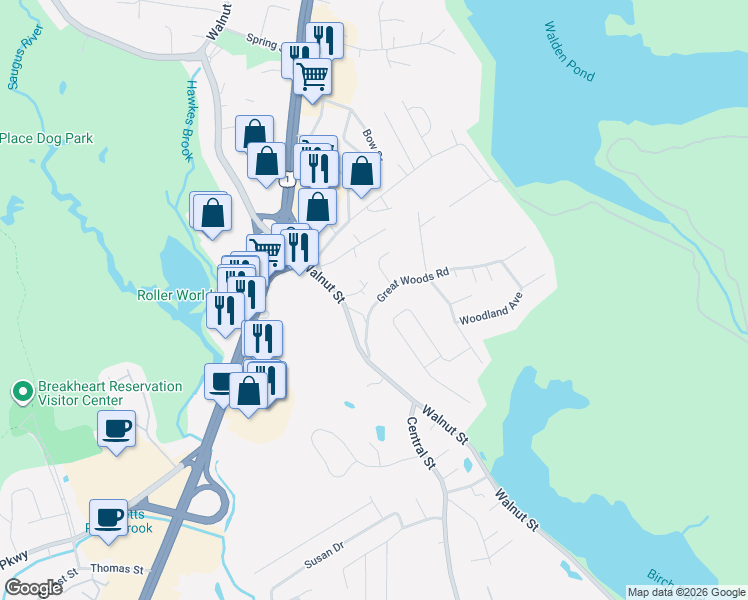map of restaurants, bars, coffee shops, grocery stores, and more near 15 Kirkland Street in Saugus