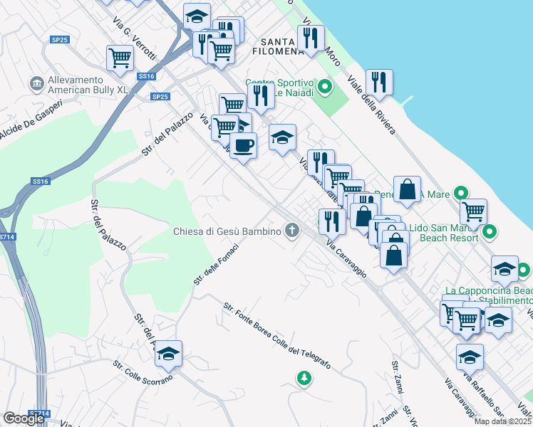 map of restaurants, bars, coffee shops, grocery stores, and more near 30 Strada delle Fornaci in Pescara